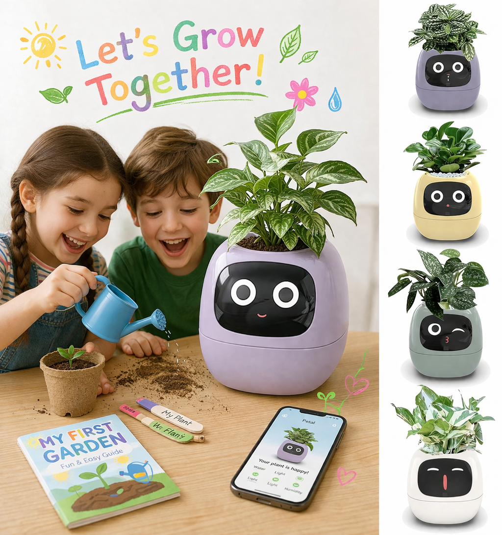 Petal & Root Tuya Ivy Smart Planter for Indoor Plant Care with kids watering plants and engaging with the planter.